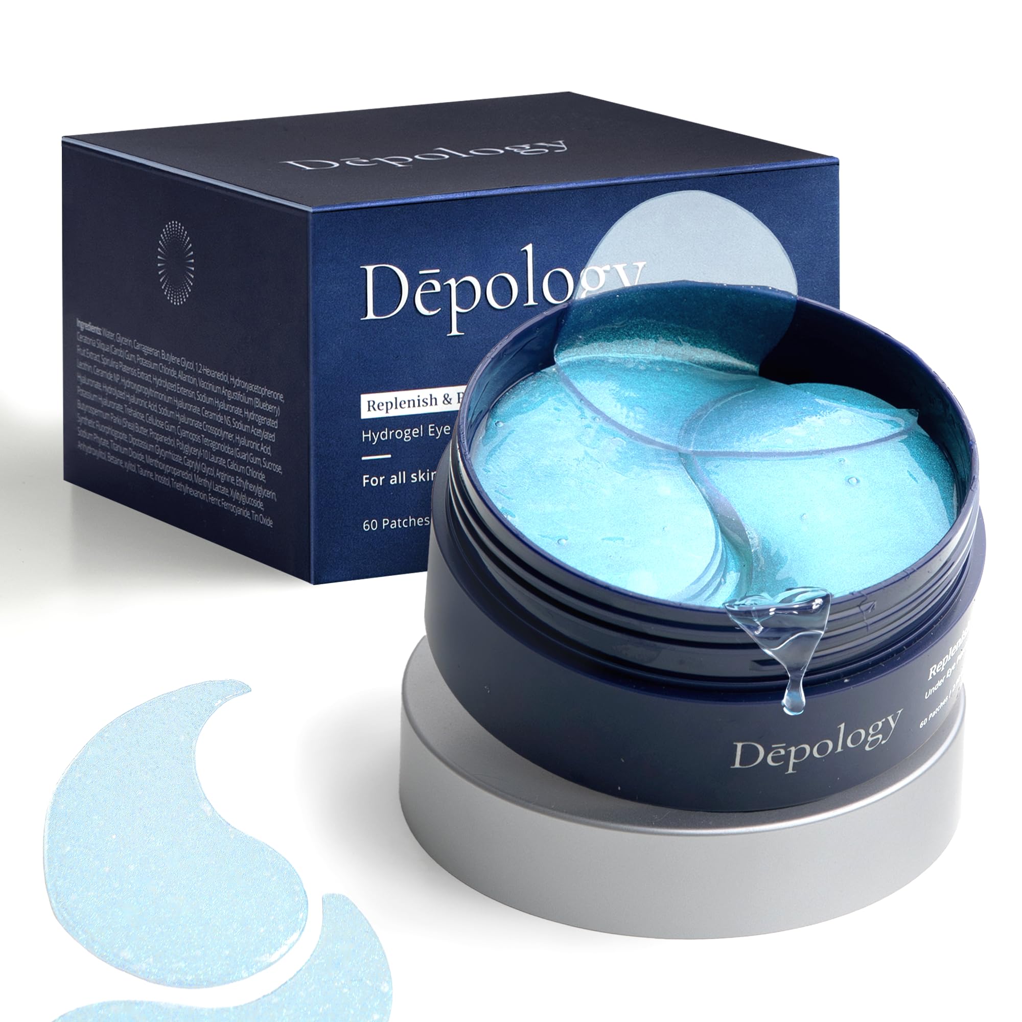 Depology Replenish and Repair under-eye patches closeup highlighting deep hydration for puffy eyes.
