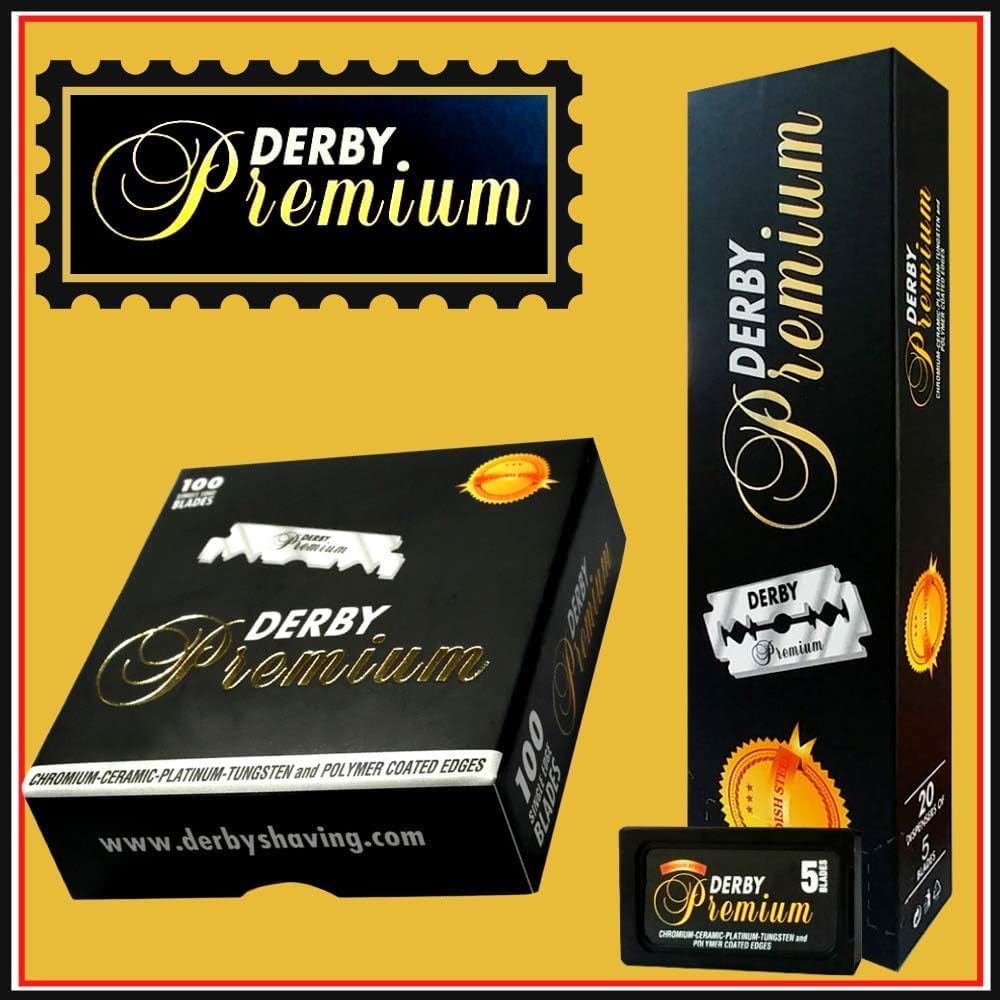 Derby Premium close-up razor-edge suggests precise, clean shave results.