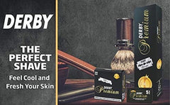 Derby Premium edge coating close-up highlights chromium-ceramic-platinum-tungsten layers for durability.