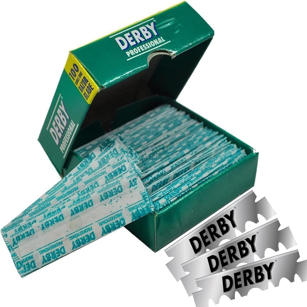 Derby Professional single edge blades edge close-up shows durable coating for longevity.
