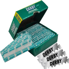Derby Professional single edge blades edge close-up shows durable coating for longevity.