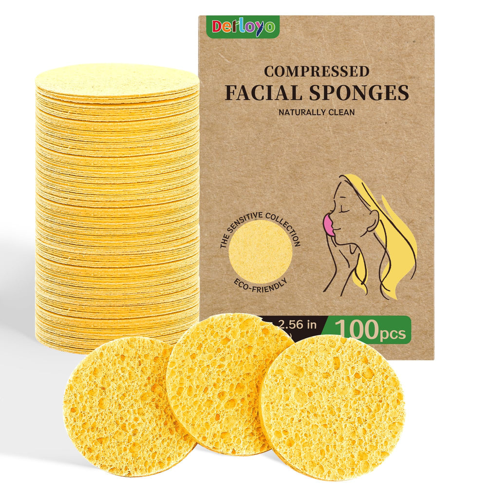 Derloyo 100-count compressed facial sponges in yellow packaging for eco-friendly cleansing.
