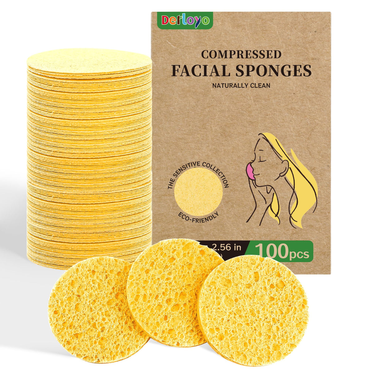 Derloyo 100-count compressed facial sponges in yellow packaging for eco-friendly cleansing.
