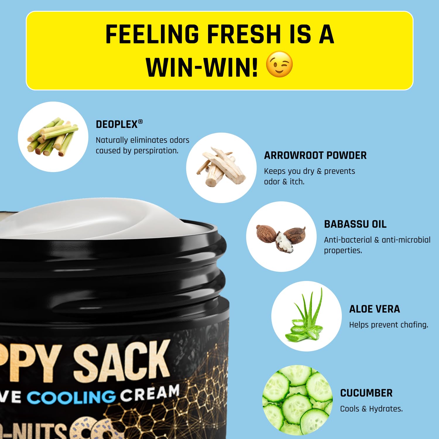 Derm Dude Happy Sack anti-chafe action demonstrates skin-soothing ingredients for comfortable wear.
