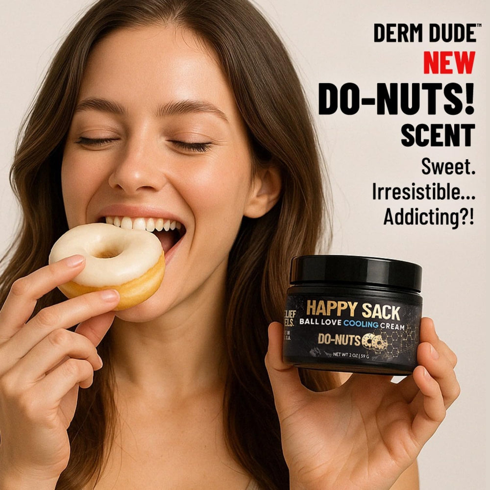 Derm Dude Happy Sack ingredients cucumber and shea butter shown.