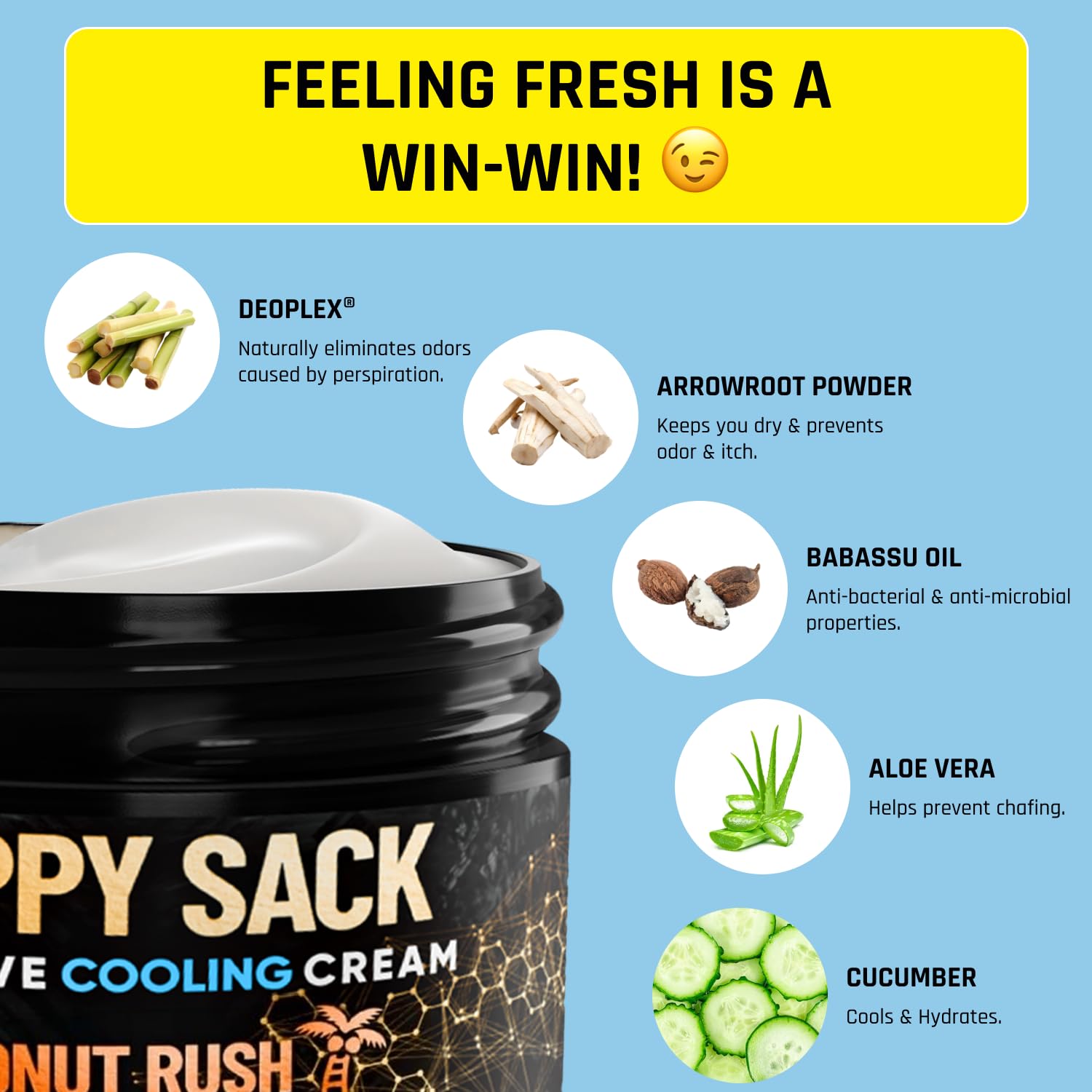 Derm Dude Happy Sack nut love cooling cream packaging highlighting cooling and odor control.