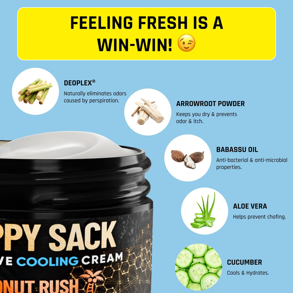 Derm Dude Happy Sack nut love cooling cream packaging highlighting cooling and odor control.