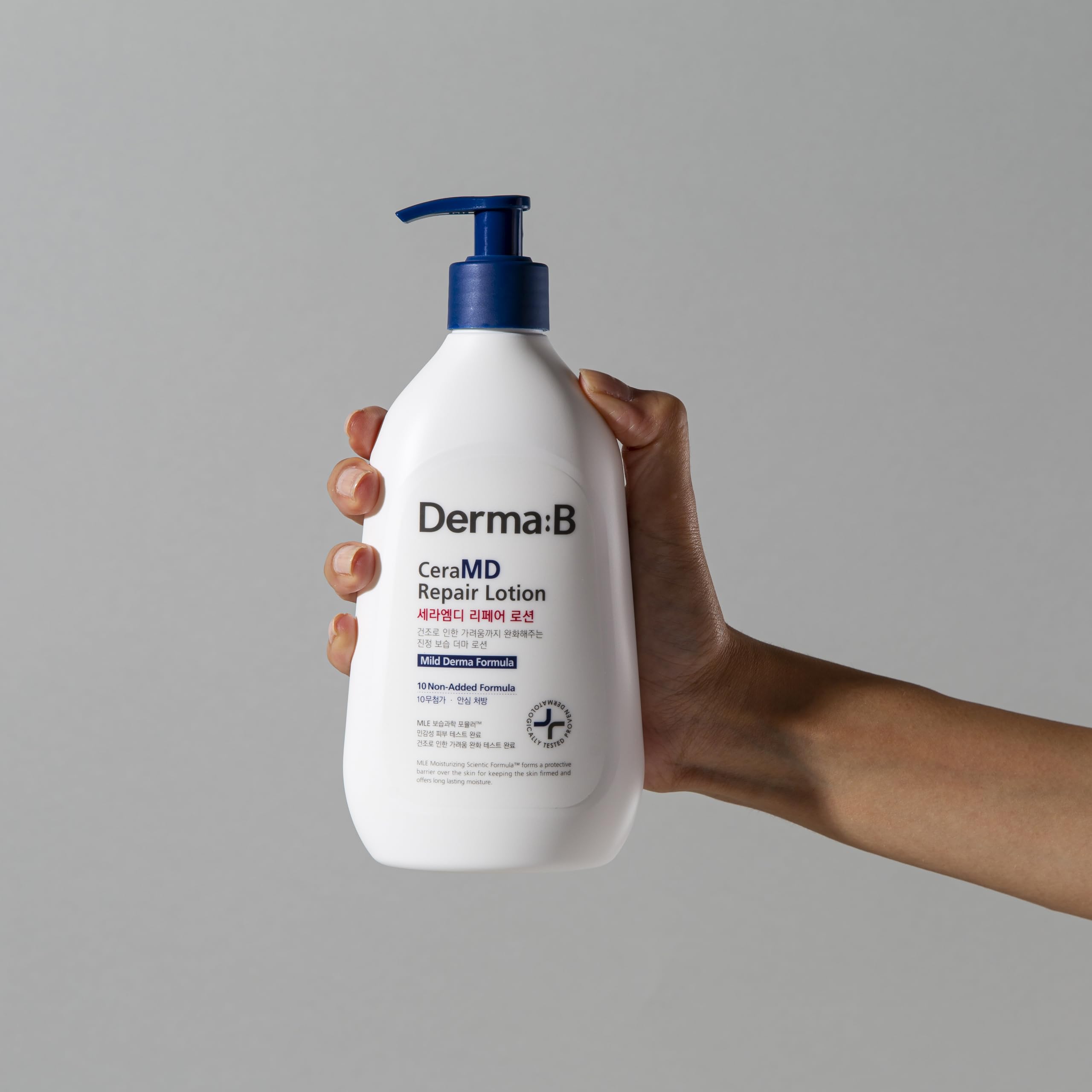Derma B CeraMD Repair Lotion label closeup confirms fragrance-free ceramide-panthenol blend.