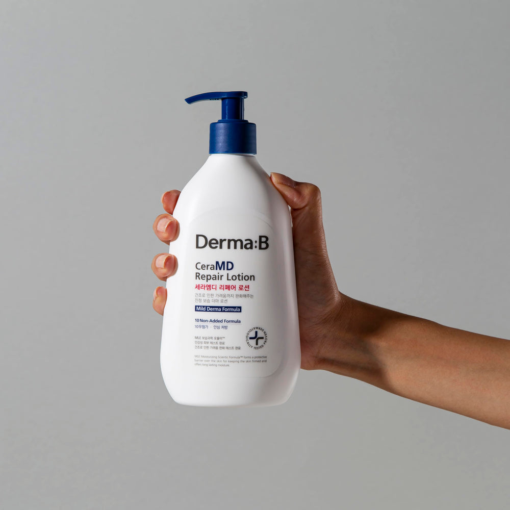 Derma B CeraMD Repair Lotion label closeup confirms fragrance-free ceramide-panthenol blend.