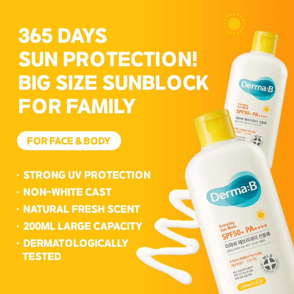 Derma B Everyday Sun Block SPF label highlights high protection without white cast