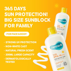 Derma B Everyday Sun Block SPF label highlights high protection without white cast