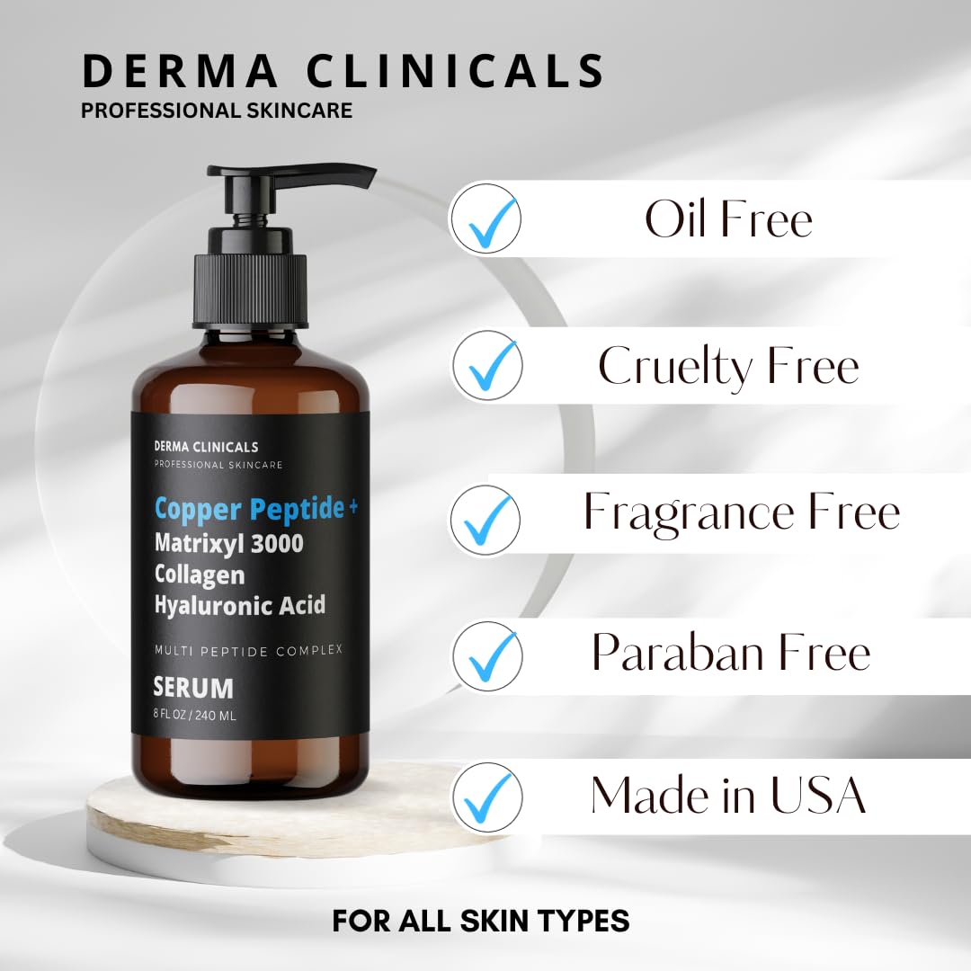 DERMA CLINICALS 8oz packaging shows hydration-focused, USA-made serum.