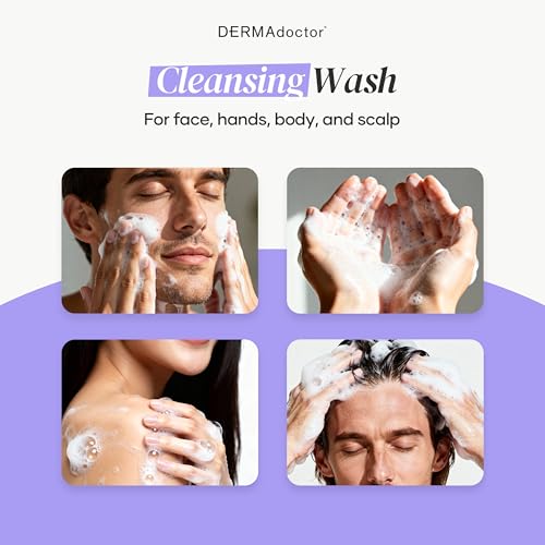 DERMAdoctor ingredients label highlights fragrance-free, dye-free cleanse for sensitive skin