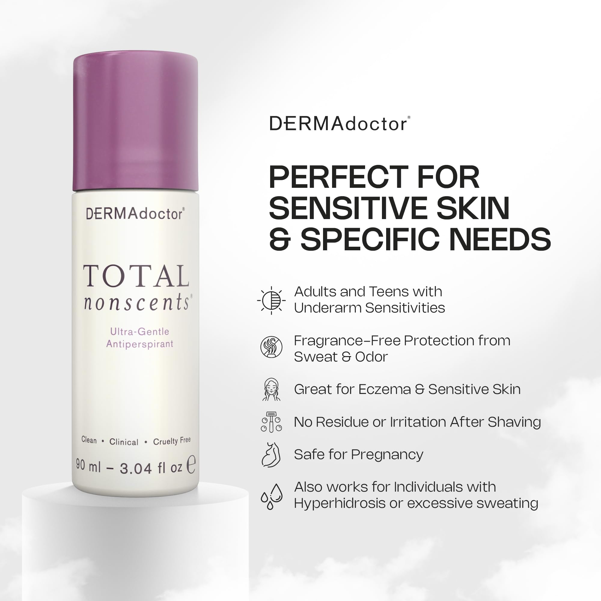 DERMAdoctor unscented antiperspirant packaging communicates fragrance-free, all-day odor and sweat control.