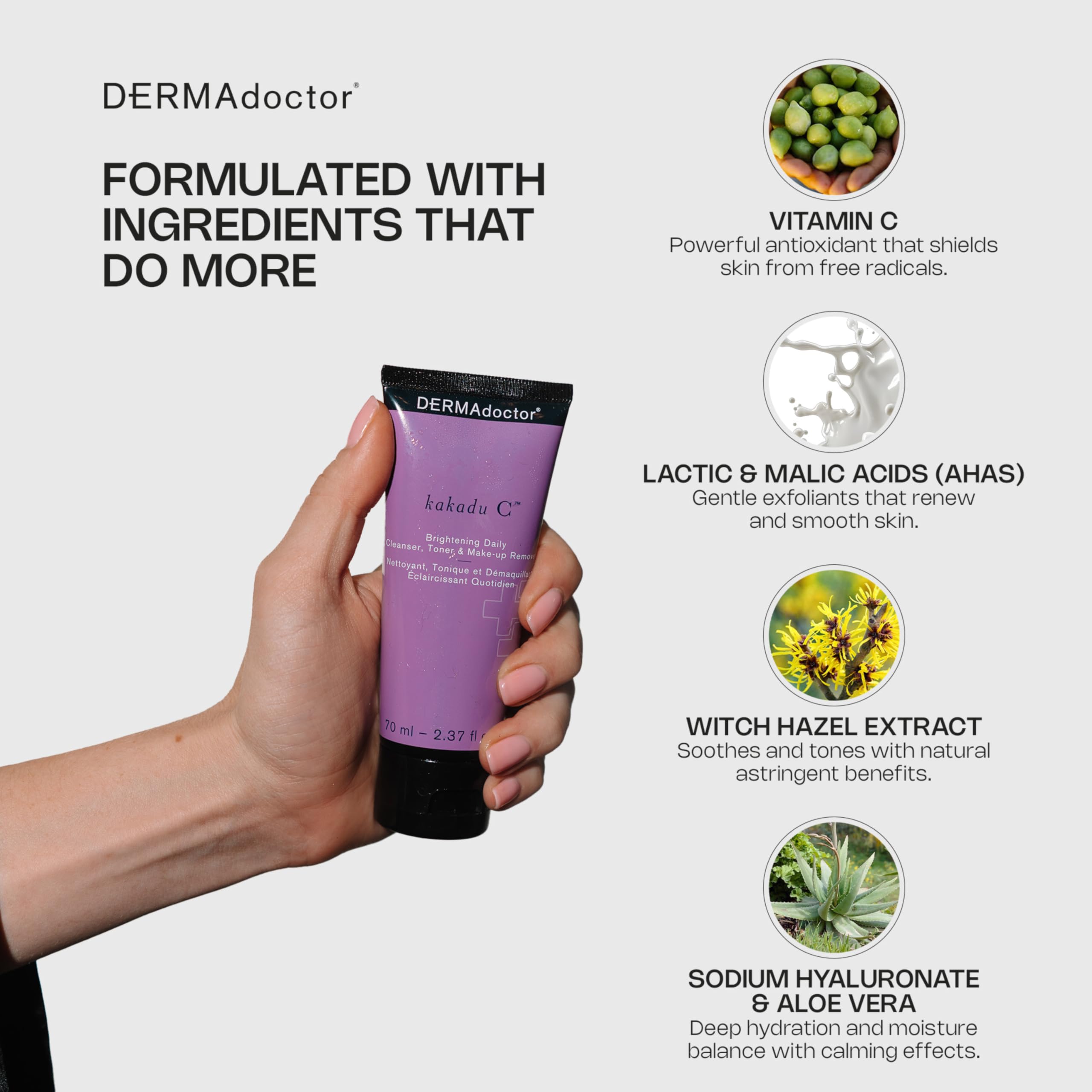 DERMAdoctor Vitamin C Face Wash hydration ingredients aloe and hyaluronic acid highlighted.