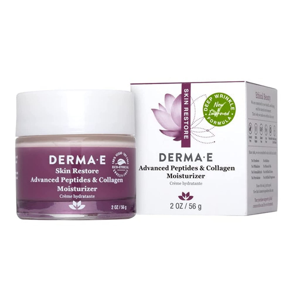 Derma E Advanced Peptides & Collagen Moisturizer jar highlights rich hydration for smoother, plumper-looking skin.