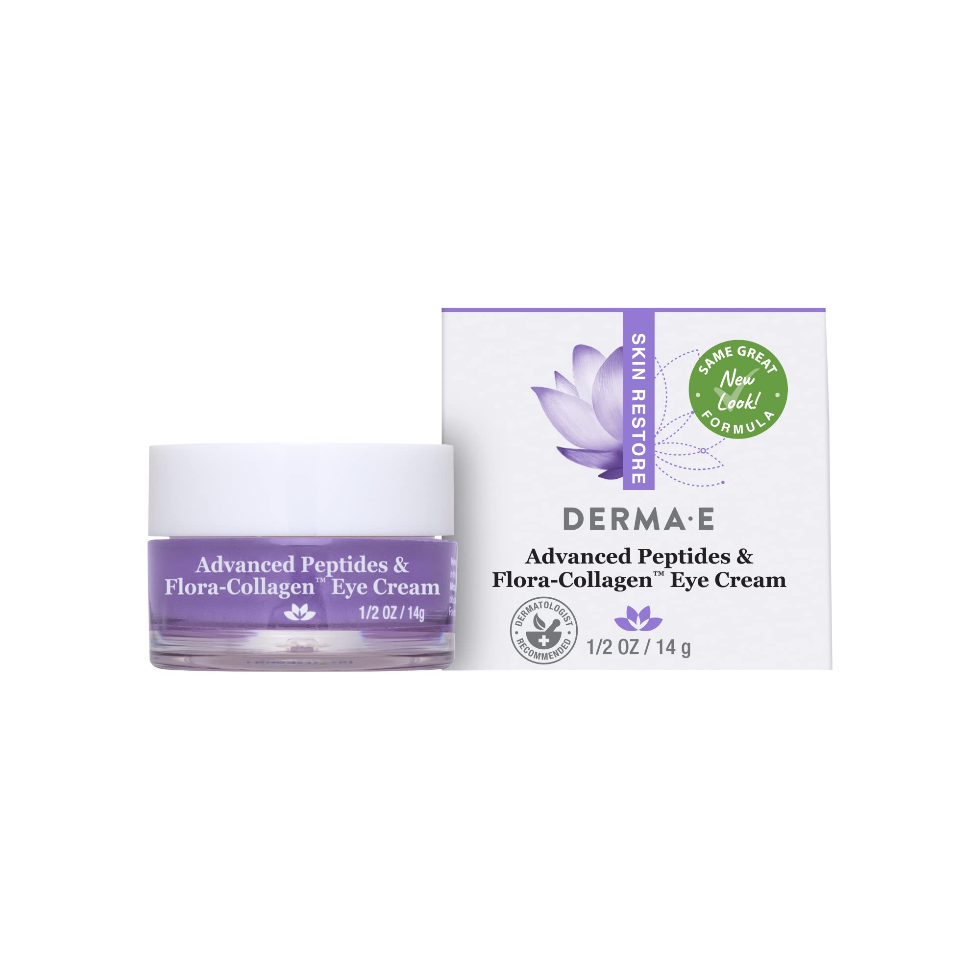 Derma E Advanced Peptides Flora-Collagen Eye Cream jar closeup for hydrated, radiant under-eye skin.