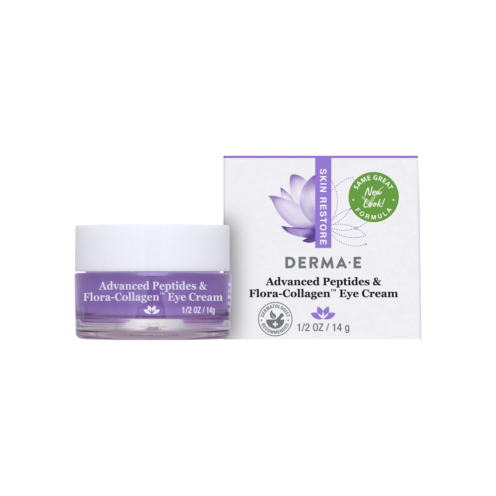 Derma E Advanced Peptides Flora-Collagen Eye Cream jar closeup for hydrated, radiant under-eye skin.