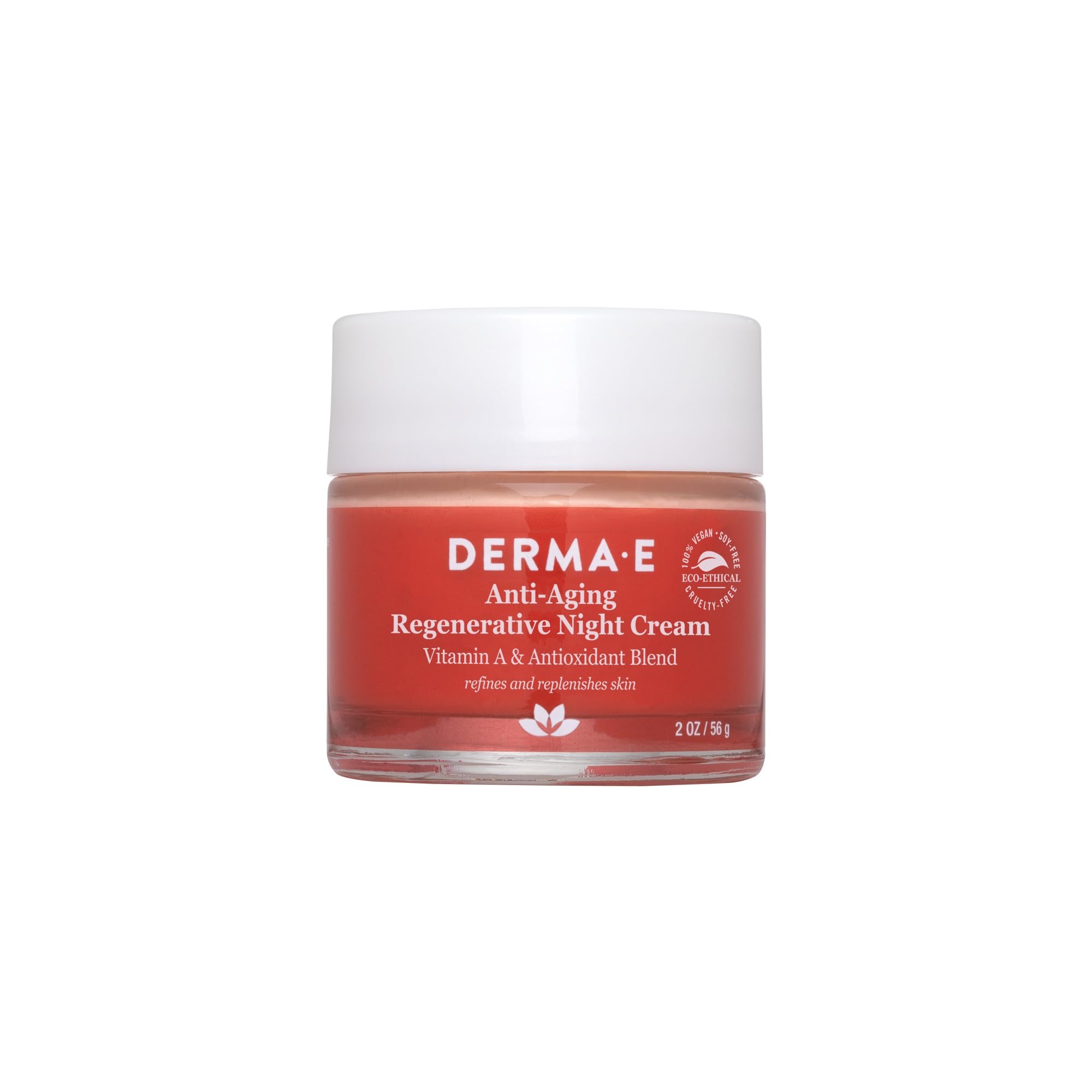 Derma E anti-aging night cream bottle shows a lightweight overnight moisturizer for mature skin.