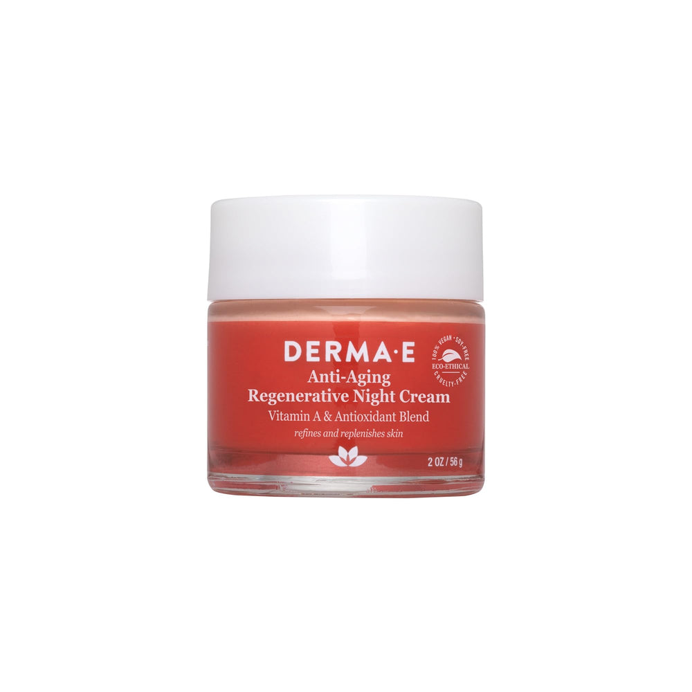 Derma E anti-aging night cream bottle shows a lightweight overnight moisturizer for mature skin.
