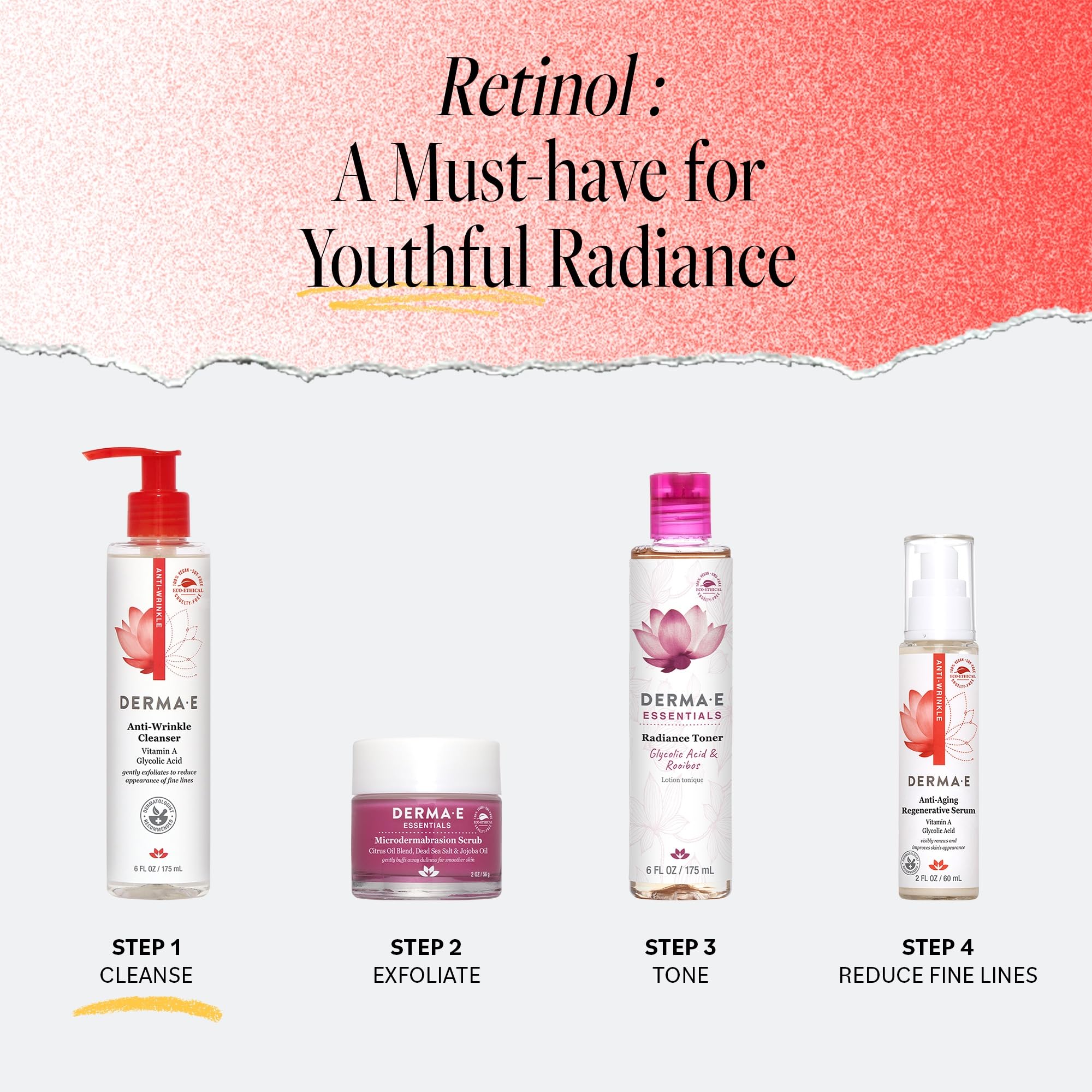 Derma E Anti-Wrinkle Cleanser used daily in morning and night routines.
