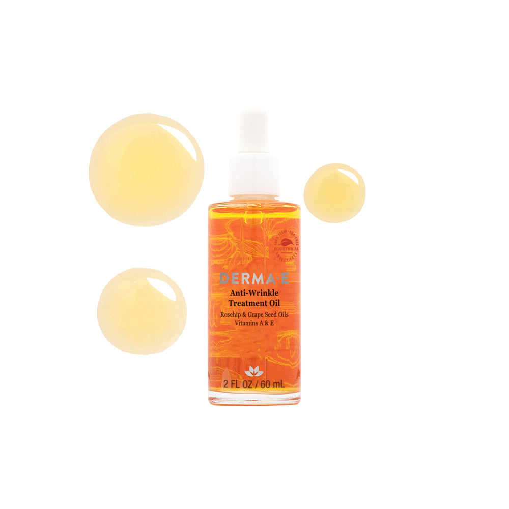 Derma E anti-wrinkle oil application on face demonstrates a smooth, luminous finish.
