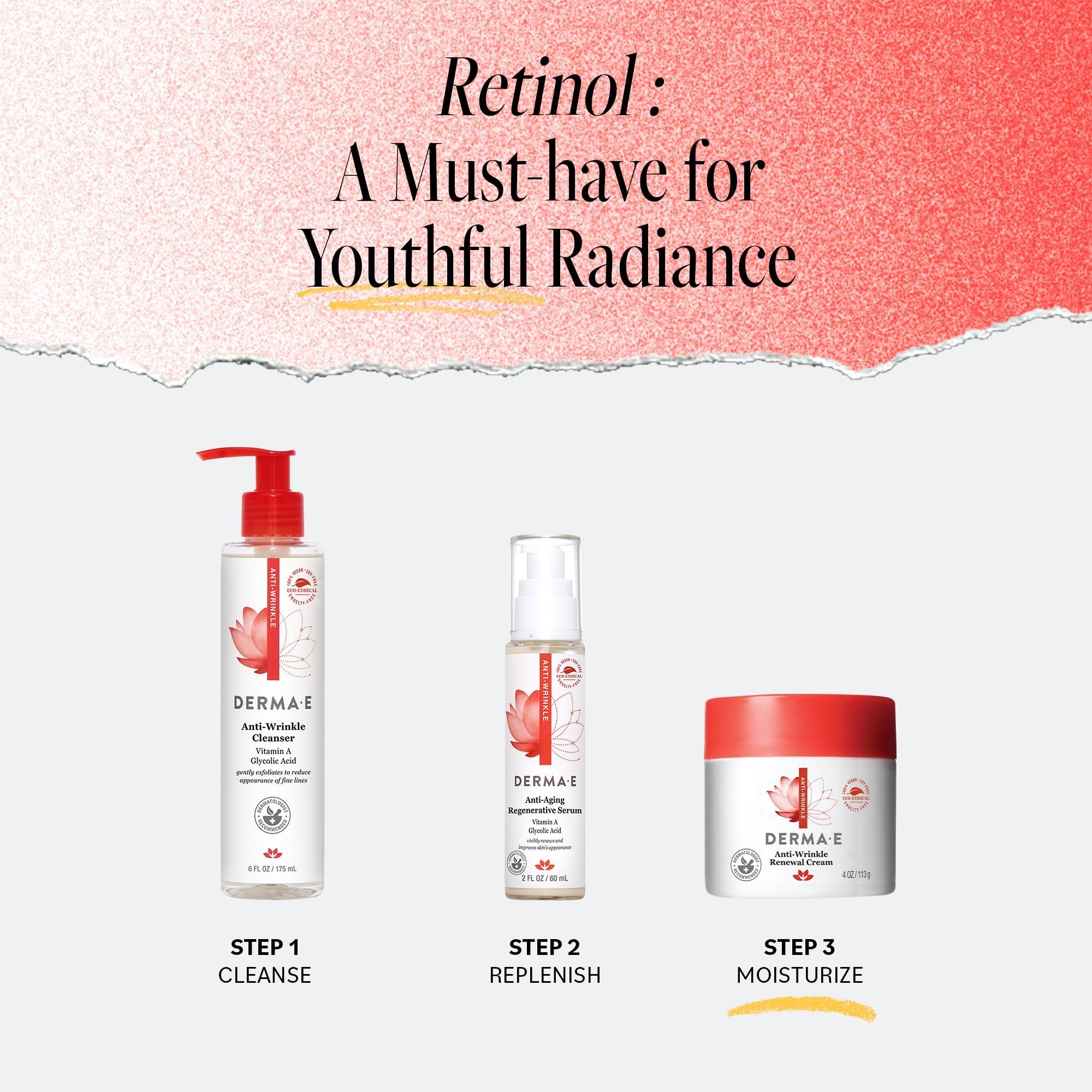 Derma E Anti-Wrinkle Renewal Cream packaging emphasizes recyclable packaging.