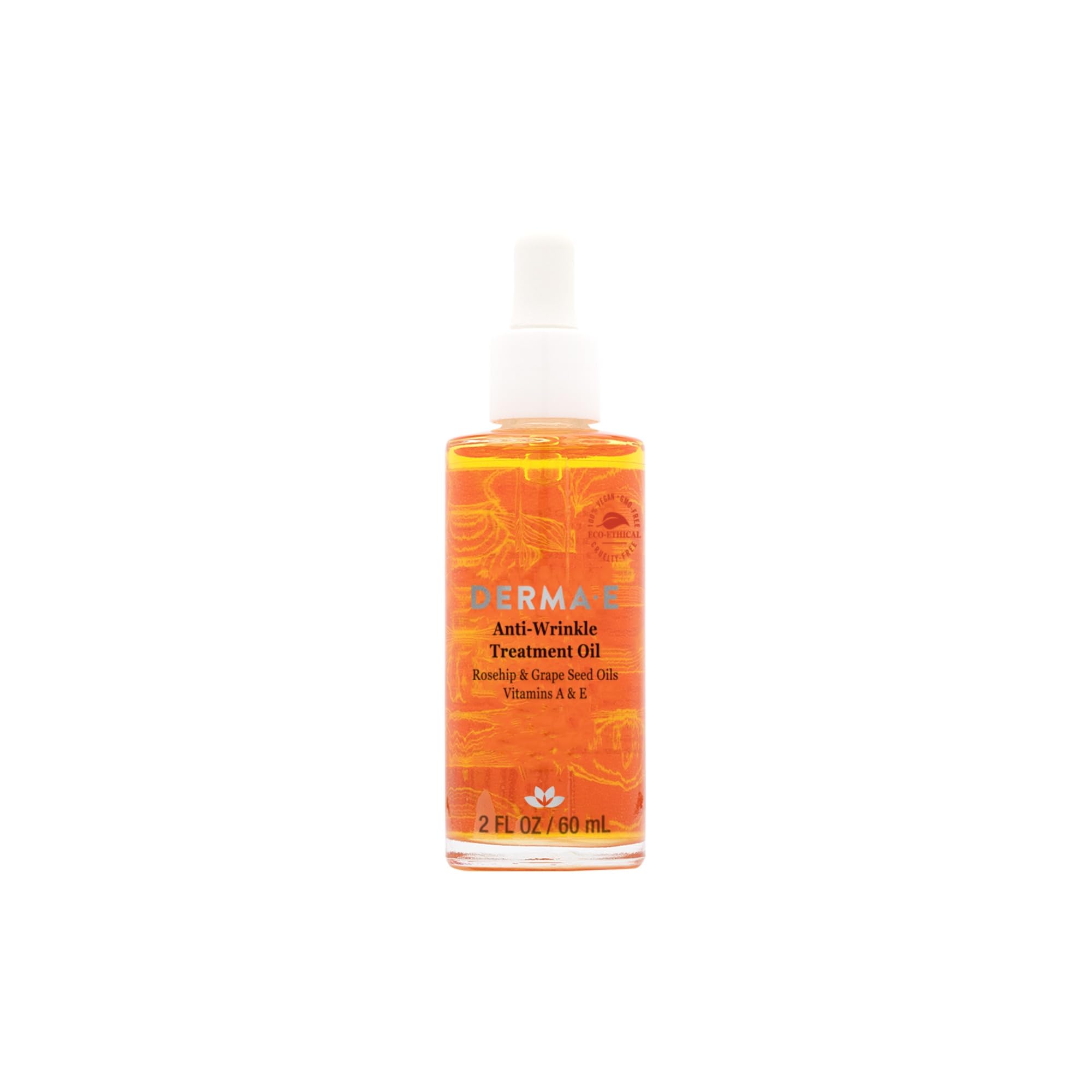 Derma E anti-wrinkle treatment oil bottle delivers fragrance-free hydration for aging skin.