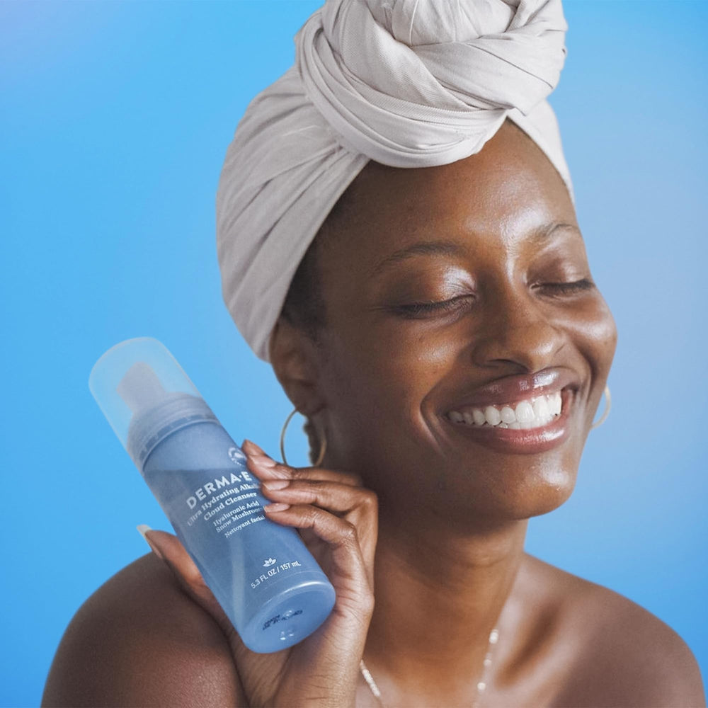 Derma E cloud cleanser foam application highlights easy lather and makeup removal.