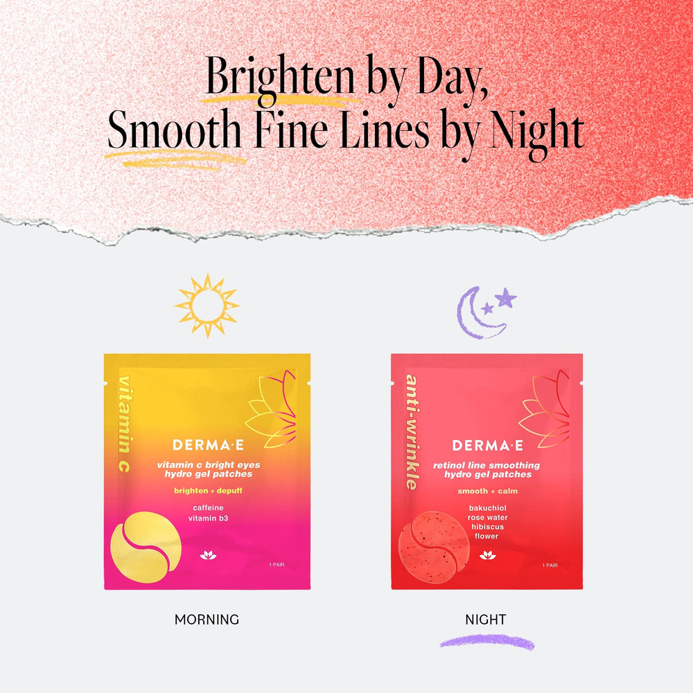 DERMA E eye patches close-up shows gentle formula for sensitive skin users.