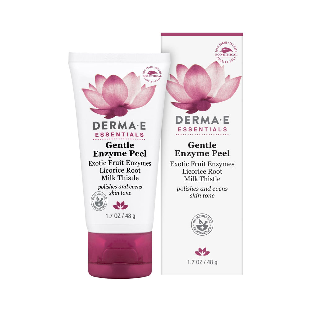 DERMA E Gentle Enzyme Peel bottle closeup showing brightening exfoliation potential