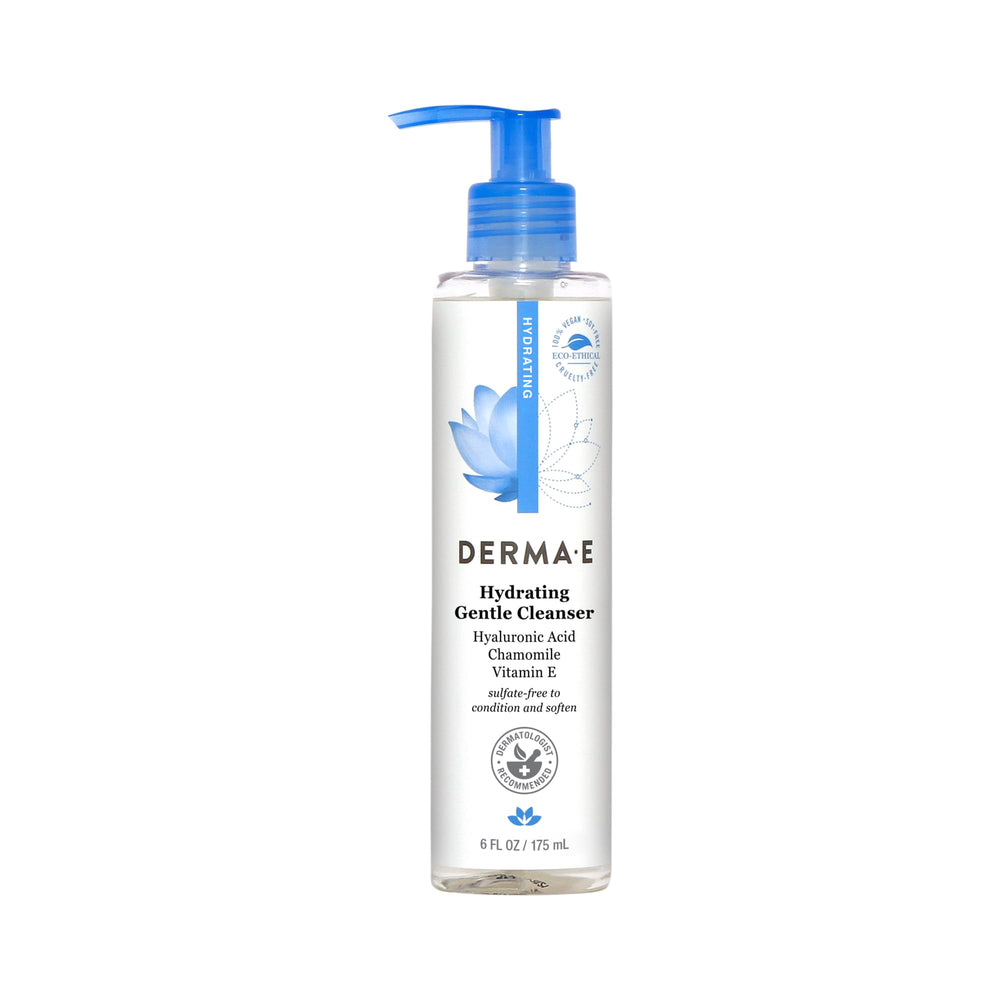 Derma E Hydrating Gentle Cleanser pump shows silky lather for daily hydration and gentle cleansing