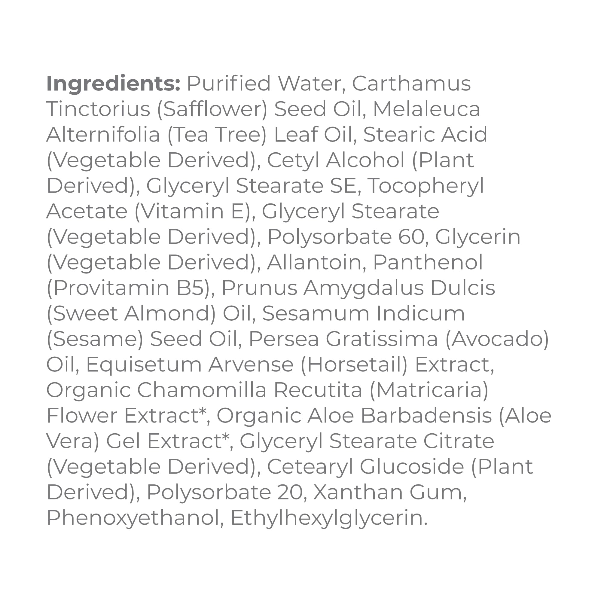 Tea tree and vitamin E ingredients emphasizing natural antioxidants
