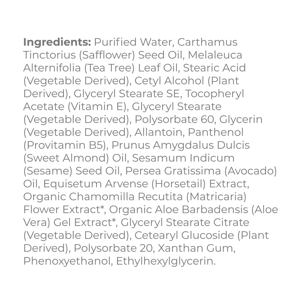 Tea tree and vitamin E ingredients emphasizing natural antioxidants
