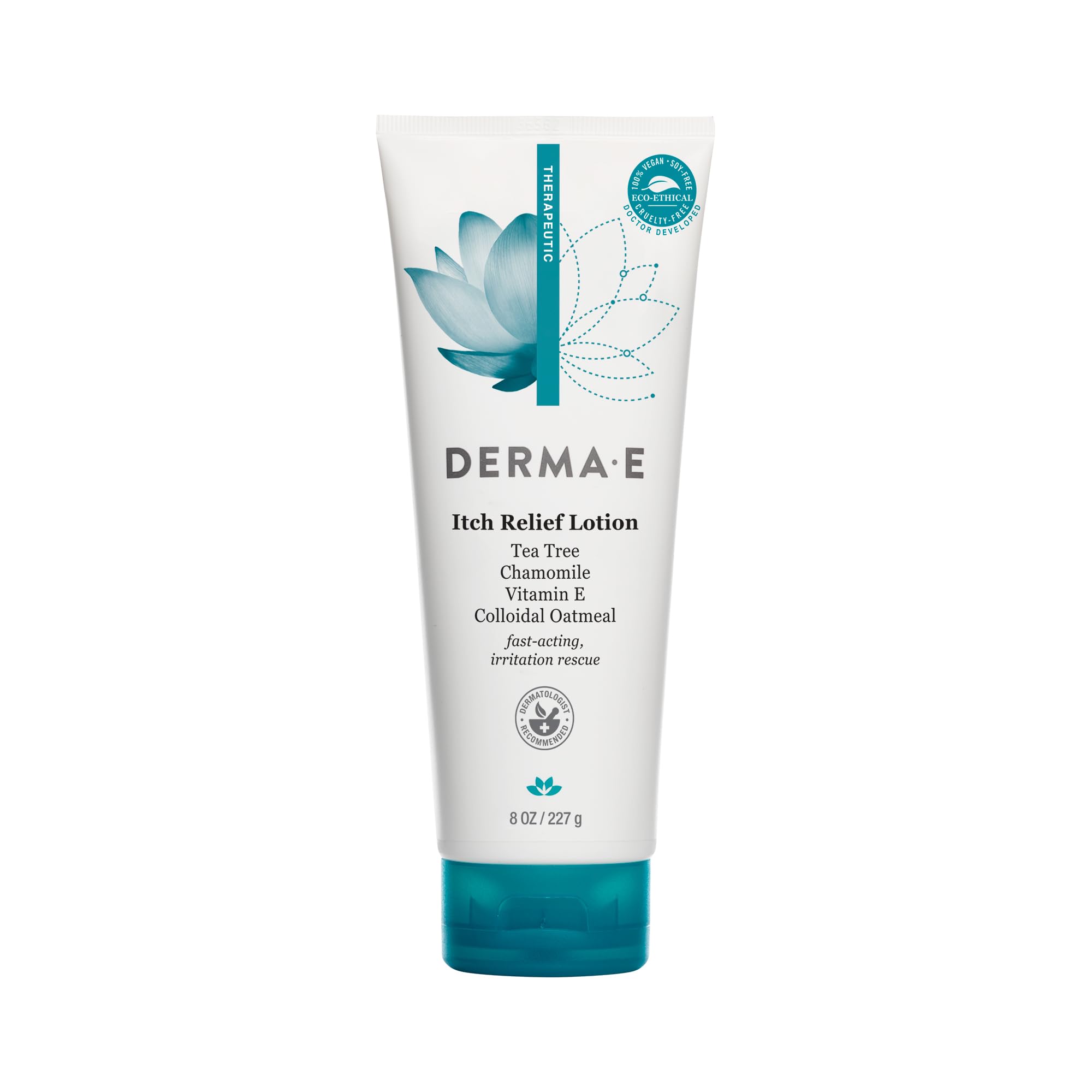 Derma E Itch Relief Lotion bottle shown for quick, soothing relief of dry skin.