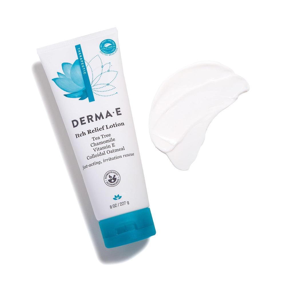 Derma E Itch Relief Lotion with tea tree—calm and comfort for irritated dry skin.