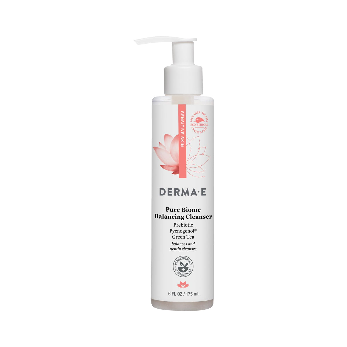 Derma E Pure Biome Balancing Cleanser bottle shows fragrance-free formula for gentle daily cleansing