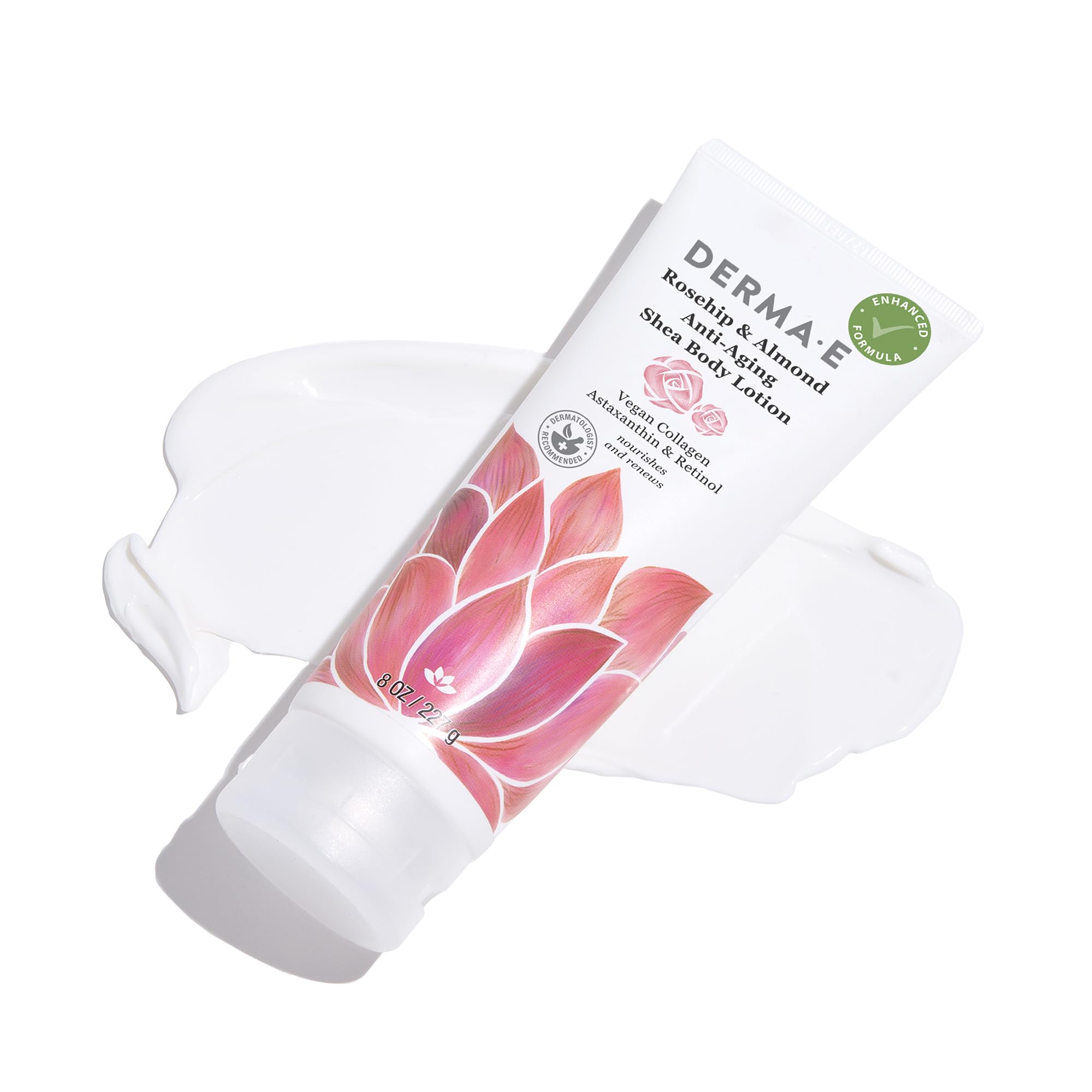 Derma E Rosehip Almond lotion on arm demonstrates soft smooth skin