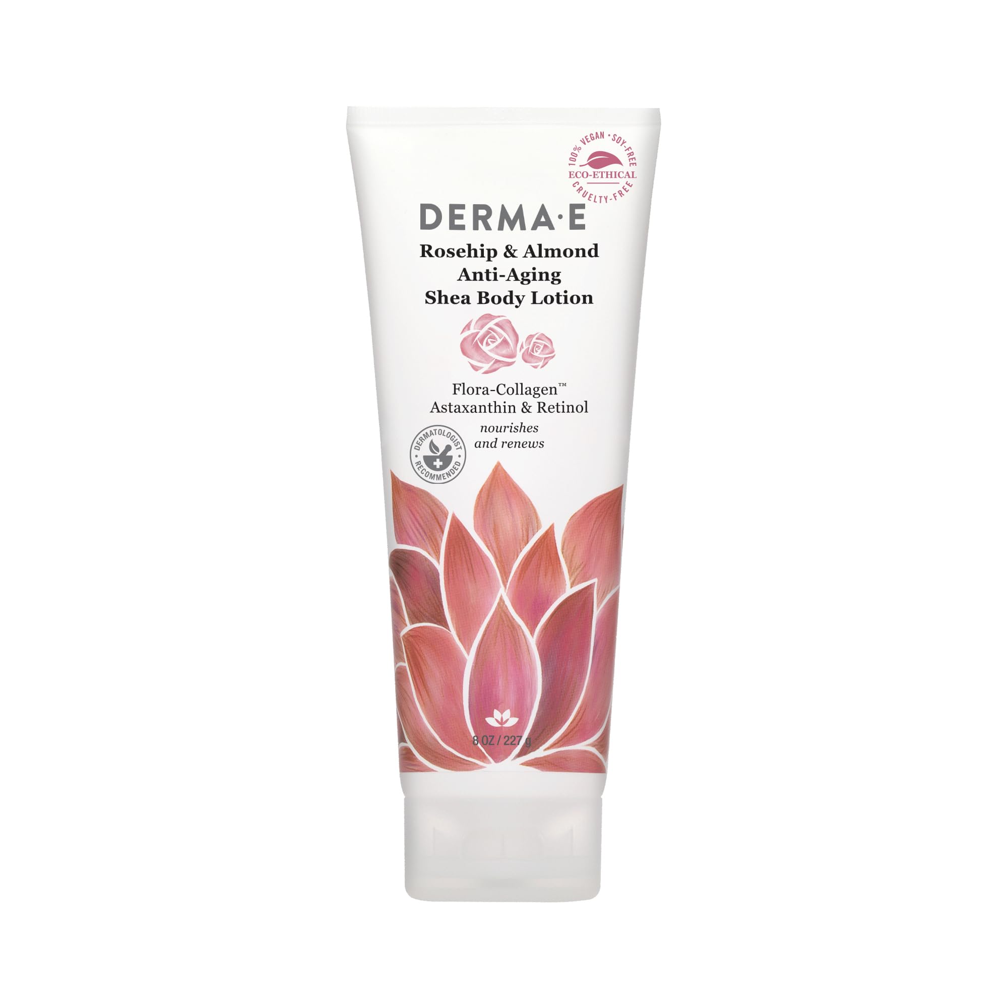 Derma E Rosehip Almond anti aging body lotion bottle with lightweight non greasy hydration