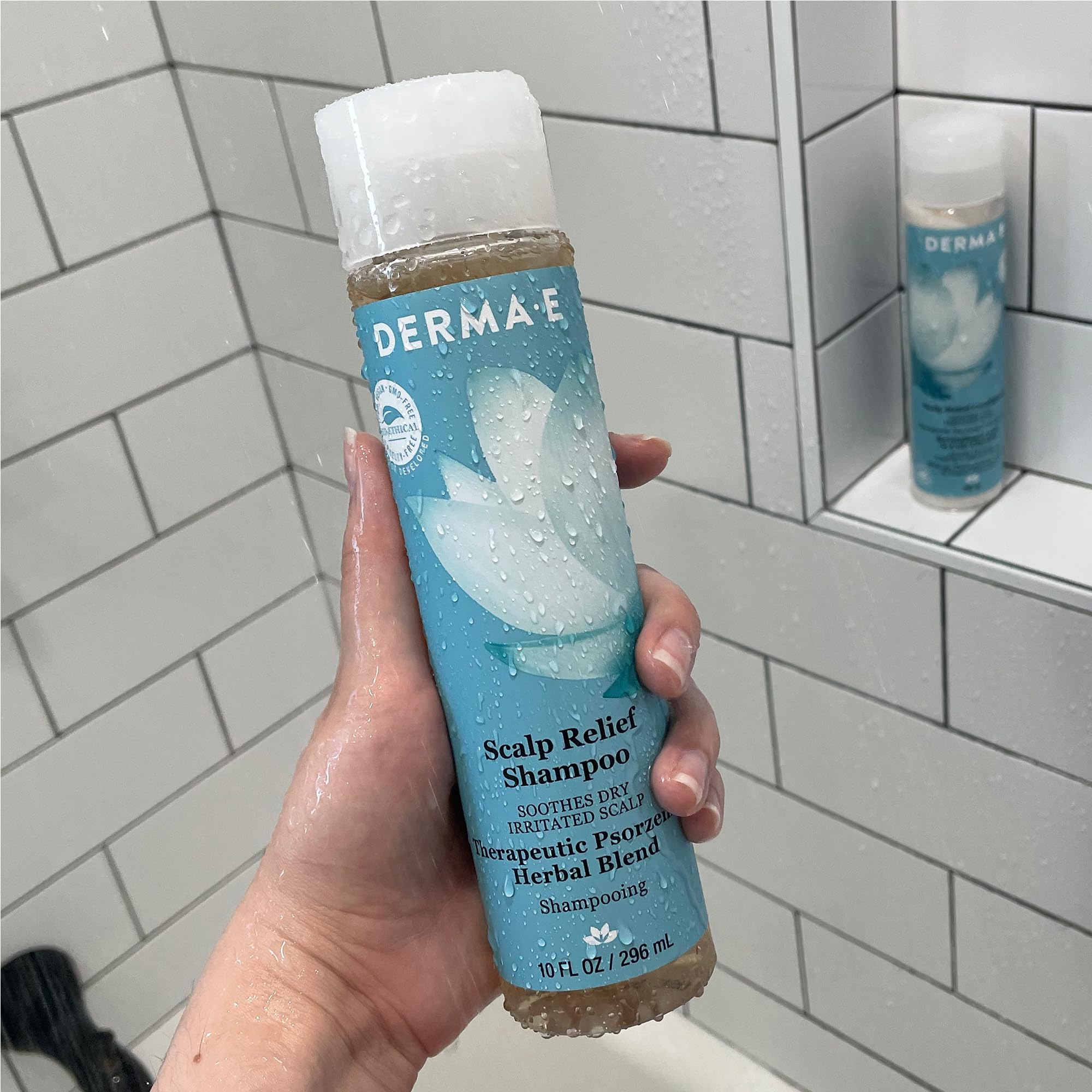 Derma E Scalp Relief Shampoo ingredients list graphic highlighting actives.