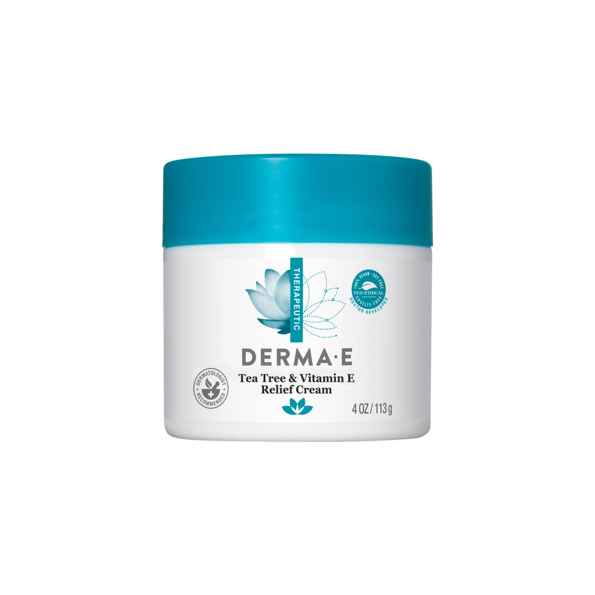 Derma E Tea Tree Relief Cream jar front showing vegan formula benefits