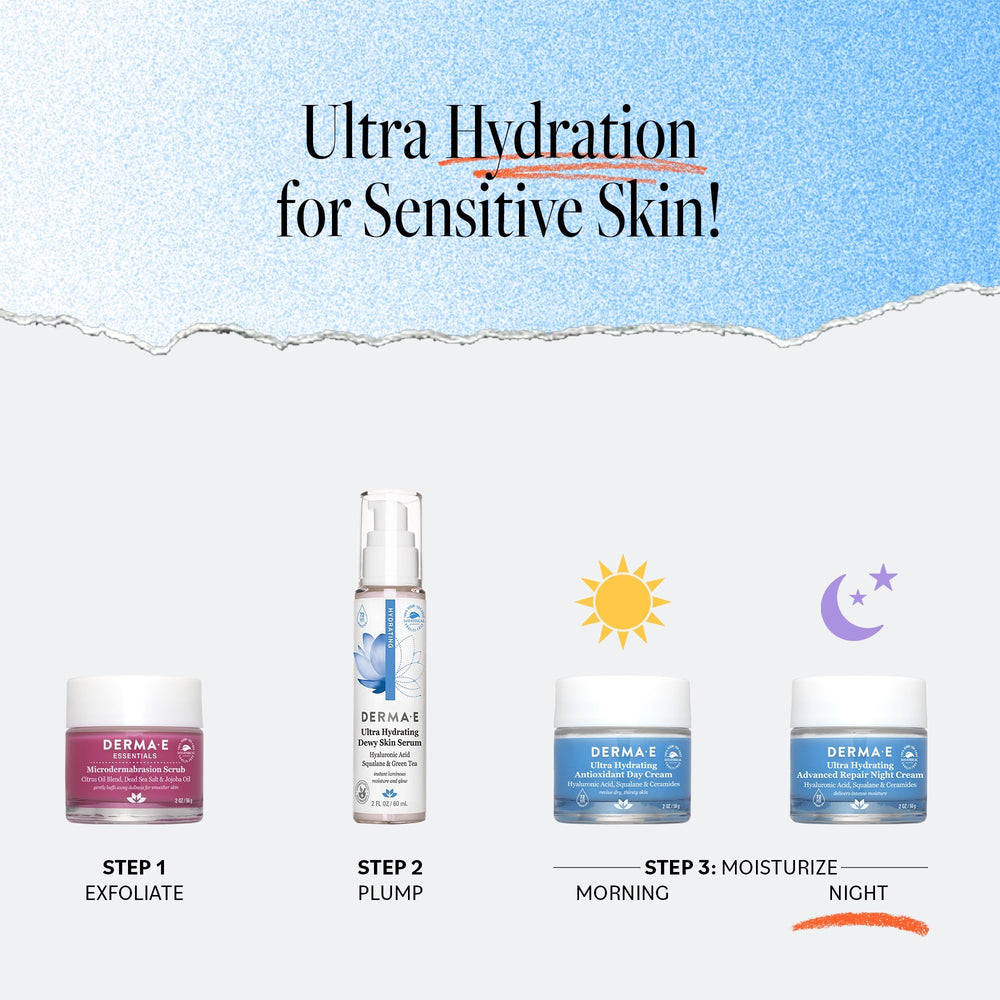 Derma E Ultra Hydrating Night Cream Green Tea ingredients panel emphasizes natural antioxidant care