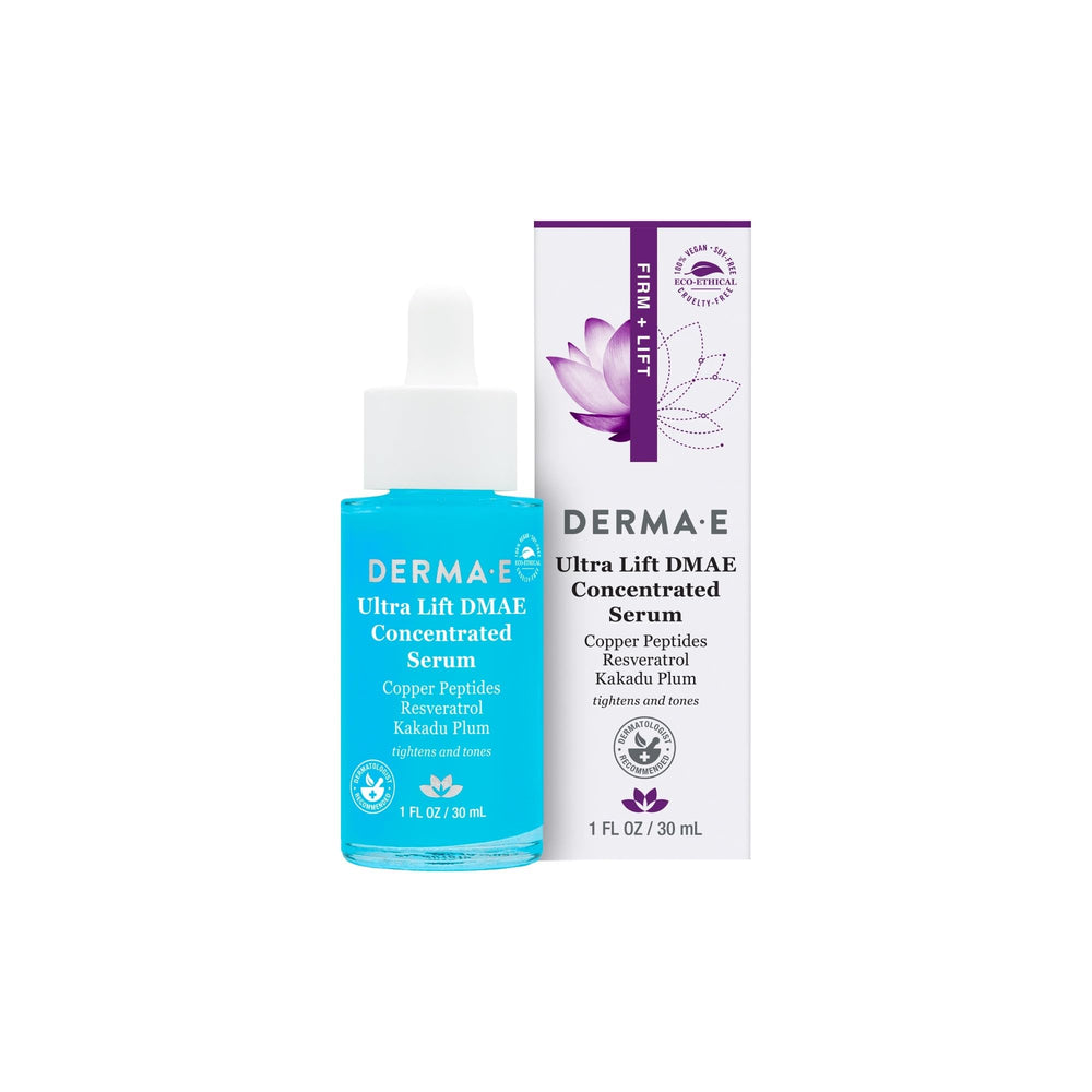 Derma E Ultra Lift DMAE Serum bottle closeup highlights firming action for daily care