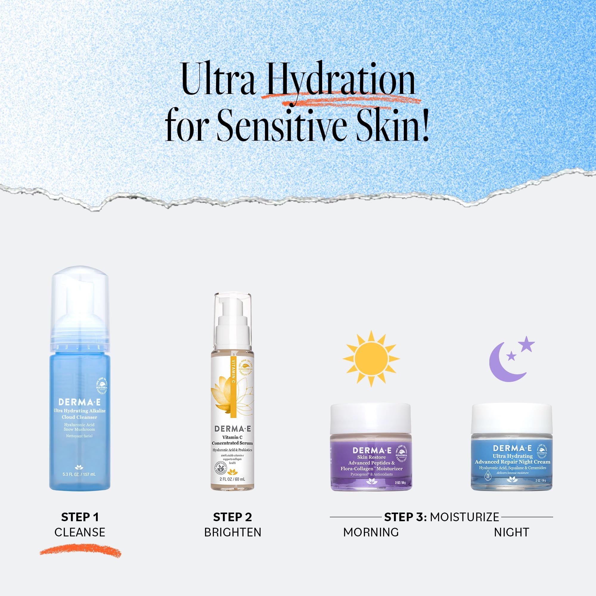 Derma E vegan cruelty-free packaging communicates ethics and eco-friendly skincare.