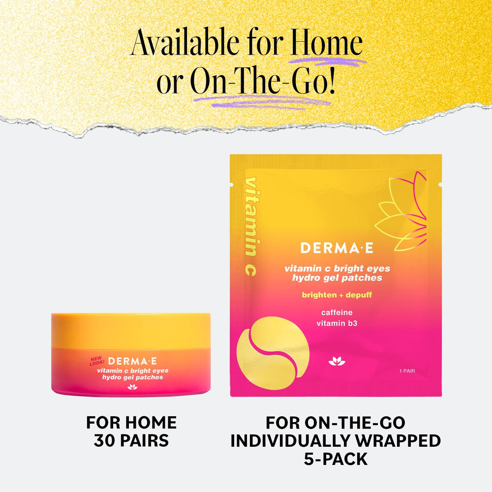 Derma E Vitamin C Bright Eyes hydro-gel patches applied on skin for soothing hydration.
