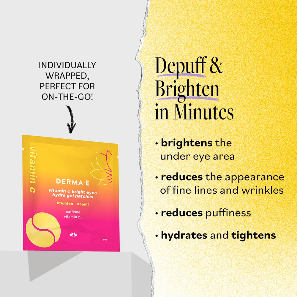 Derma E Vitamin C Bright Eyes patches being applied under-eye for depuff and brightening.