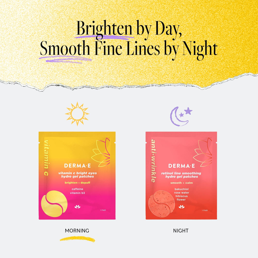 Derma E Vitamin C Bright Eyes patches in glass jar packaging conveys premium care.