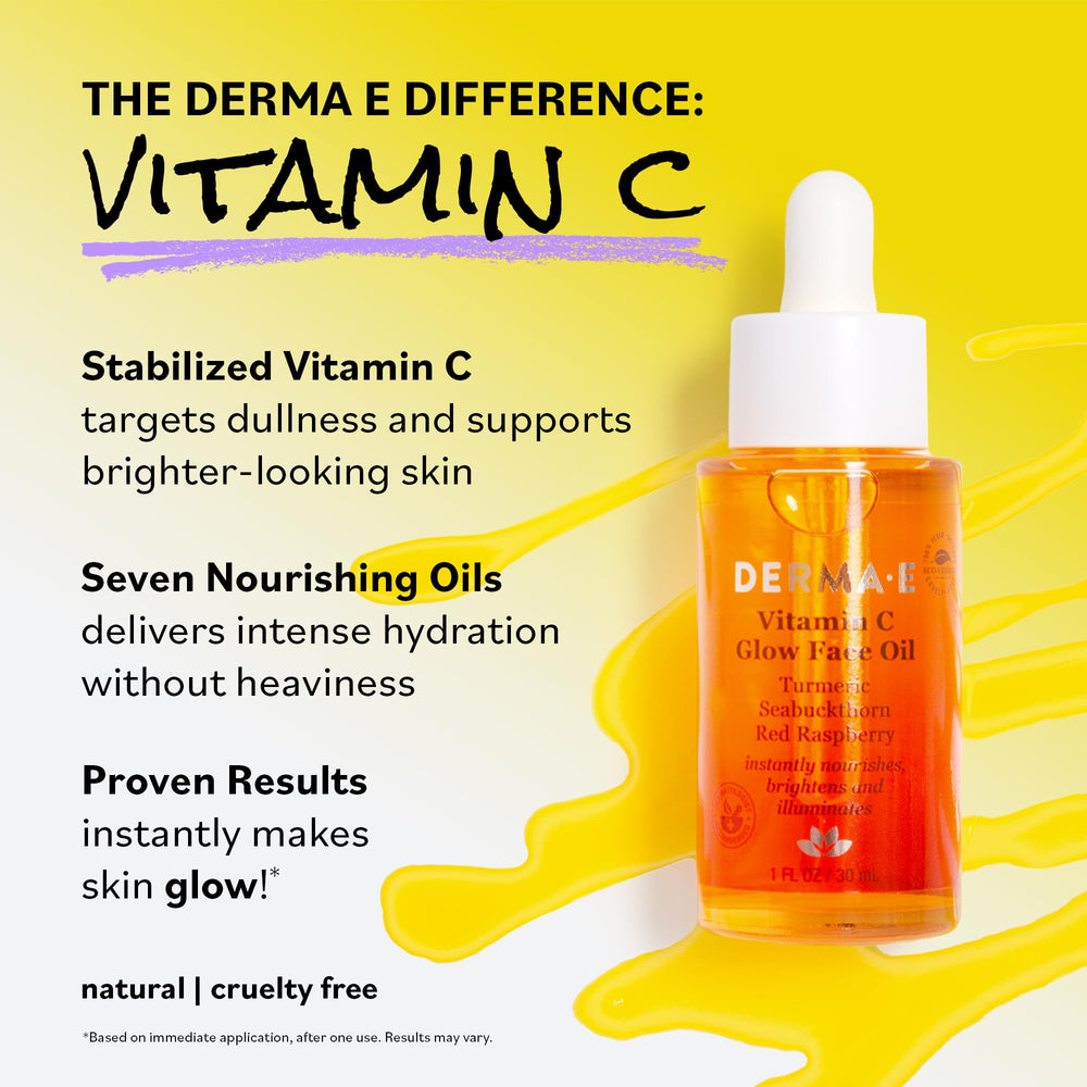 Derma E Vitamin C Glow Face Oil application ready for gentle facial massage.