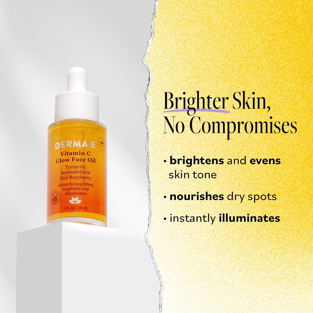 Derma E Vitamin C Glow Face Oil bottle infused with turmeric for radiant complexion.