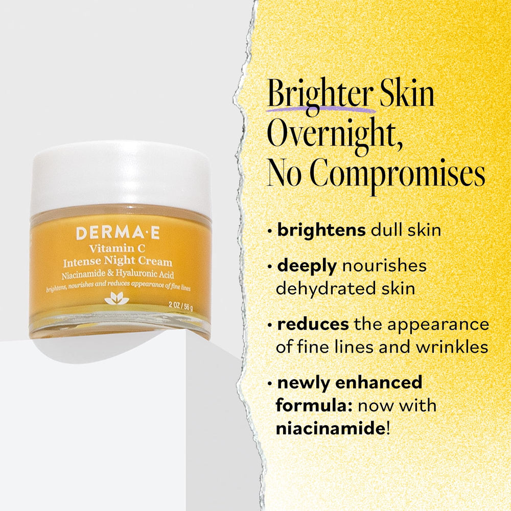Derma E Vitamin C Night Cream bottle closeup shows creamy texture and antioxidant-rich formula.
